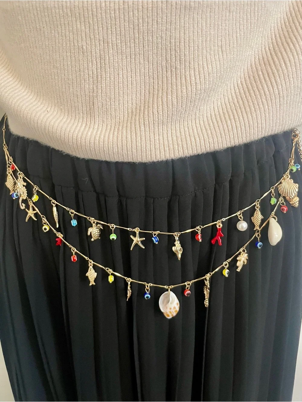 Boho Beachy Conch Seahorse Starfish Turtle Evil Eye Double Layered Waist Chain